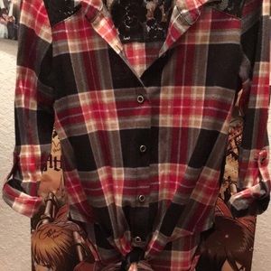 Plaid lacy button down with tie bottom